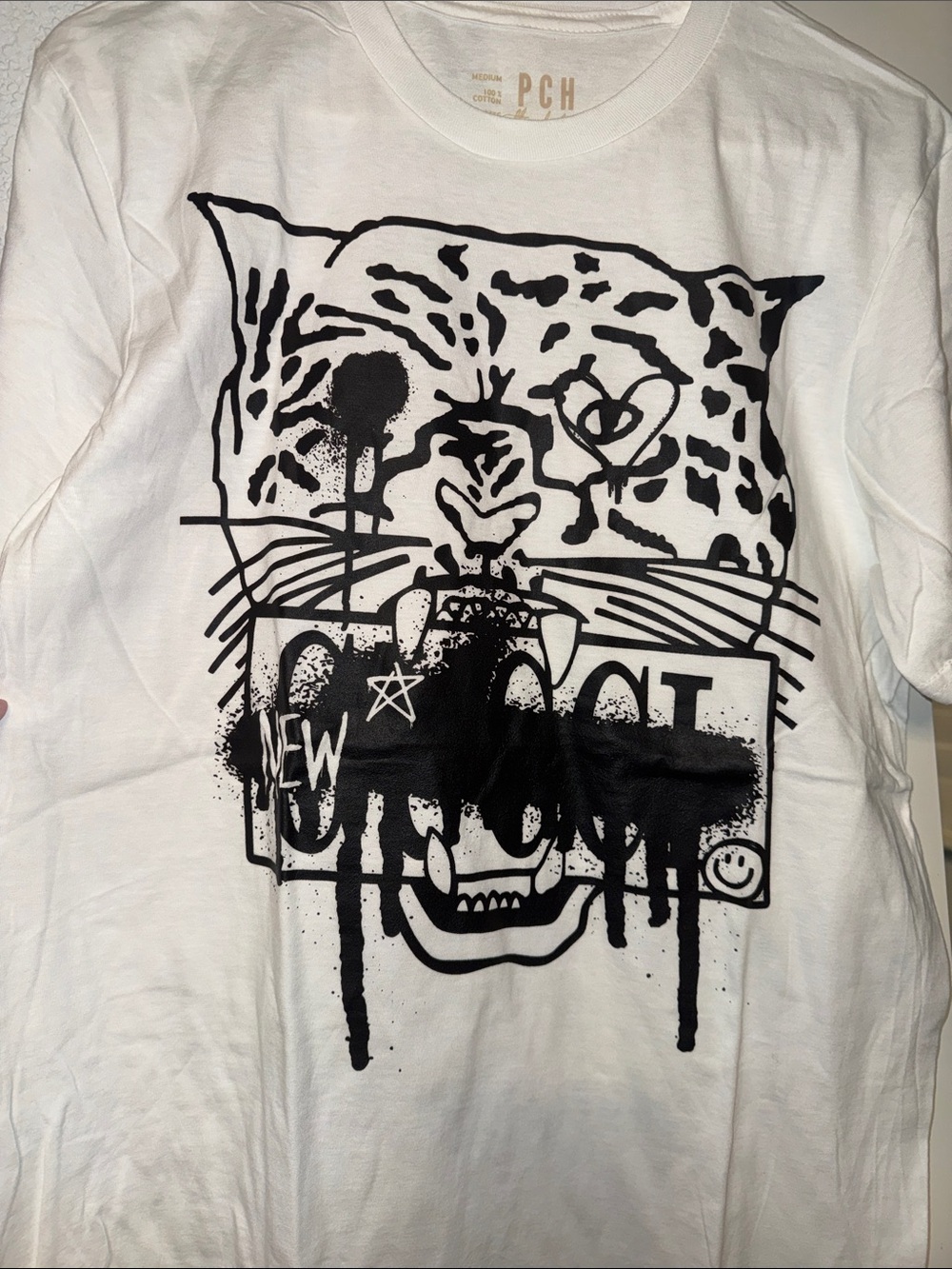 White Short Sleeve Tee with Black Leopard Graphic - Picture 3 of 5